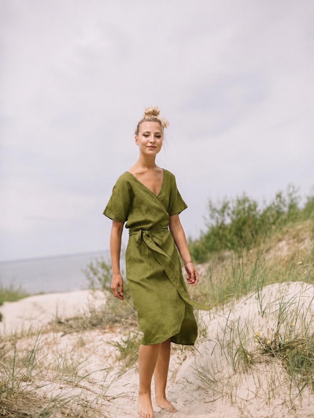 Linenfox moss green sz small dress - Picture 2 of 3